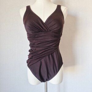 Trimshaper One Piece Surplice Swimsuit Ruched Tummy Control Underwire Brown